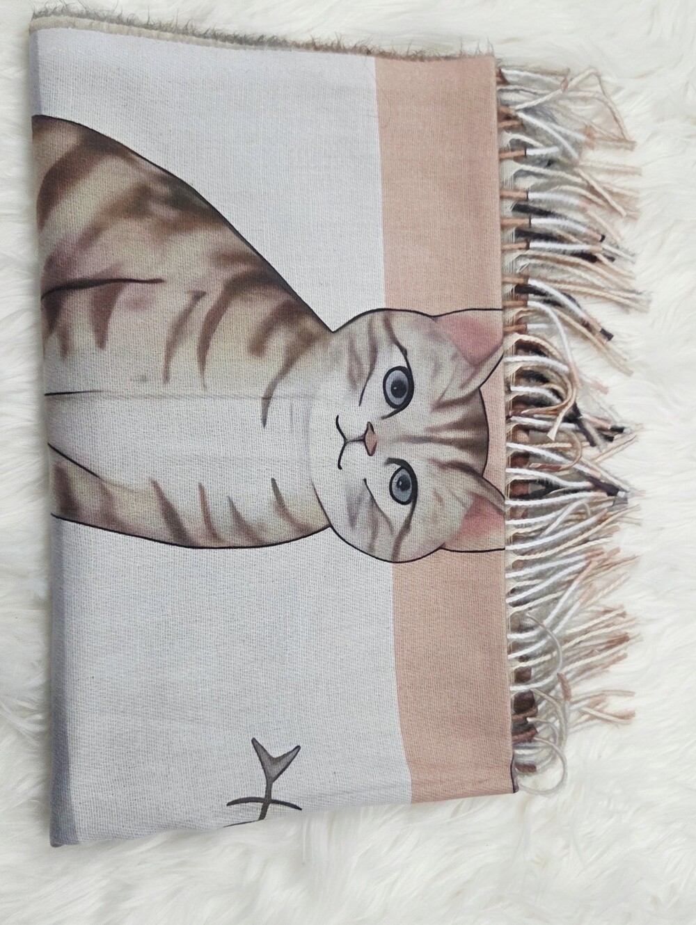 Cat Print Fringe Pet Blanket Scarf wrap - Pink and Cream - Picture 6 of 8